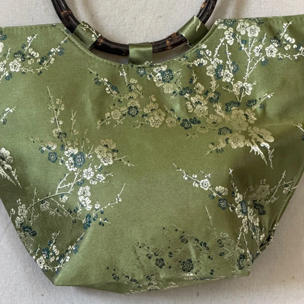 Green Floral Bamboo Handle Handbag Satin Y2K Vintage OS Asian Girly Grunge